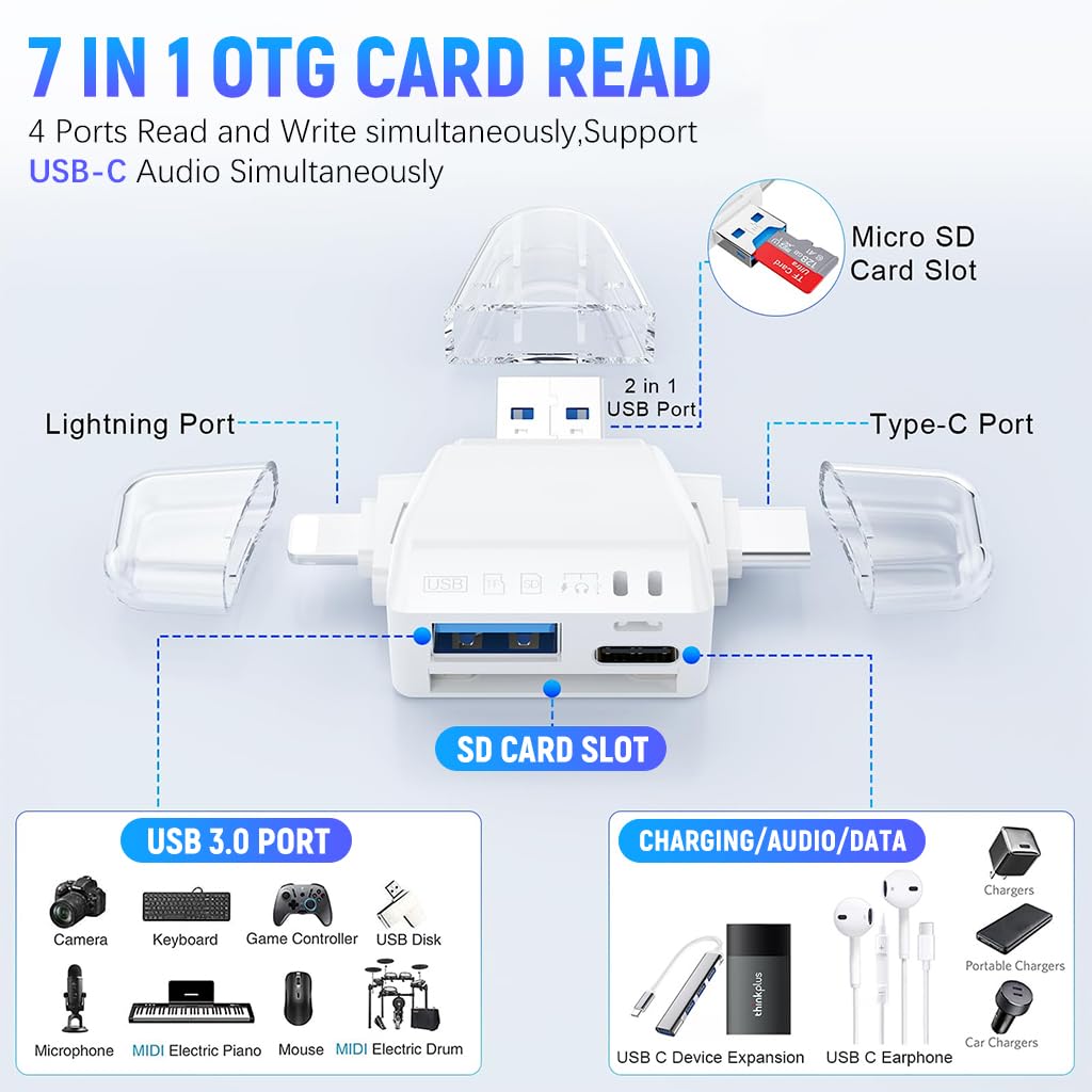 Verilux® Multi Card Reader Phone Card Reader Flash Driver Reader Support TF/SD/USB C/USB A, Universal Multi in One Card Reader for i Phone 15/14, Android Phone, PC, Laptop