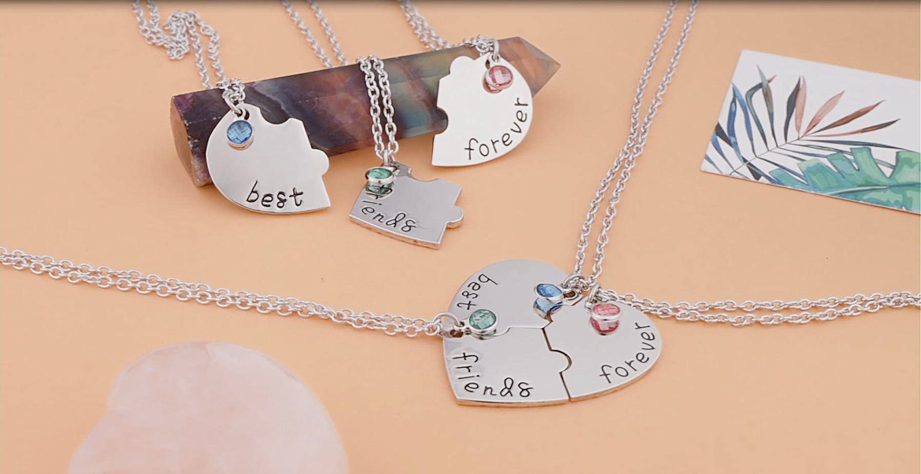 SANNIDHI Friendship Necklace Set for Girls with 3 pcs Heart Design and 20.5 in Chain | Silver Alloy Rhinestone Gift