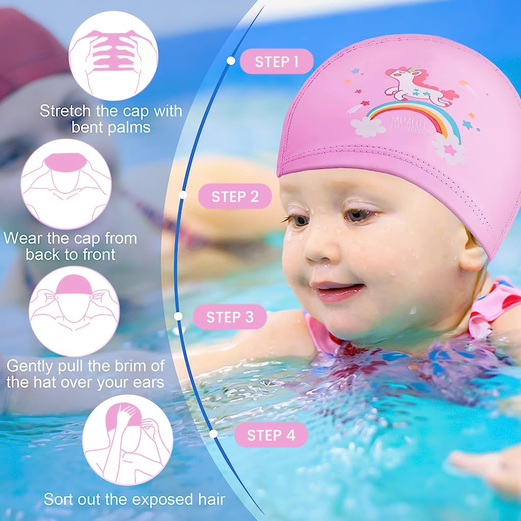 ZIBUYU® Swimming Cap for Girls Waterproof PU Fabric Cute Cartoon Printed Swimming Pool Cap for Girls Speedo Swim Cap for Girl Kids, (02-12 Year) - Pink