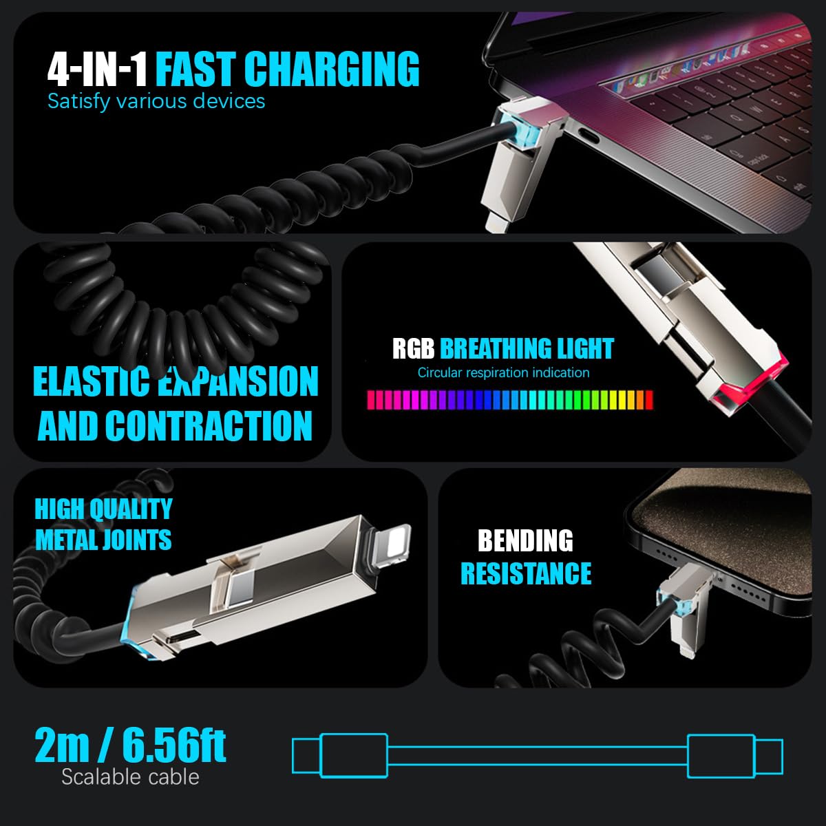 Verilux 4 in 1 Type C Charger Cable 6.6 ft with PD 240W Fast Charging and Coiled Design | RGB Indicator