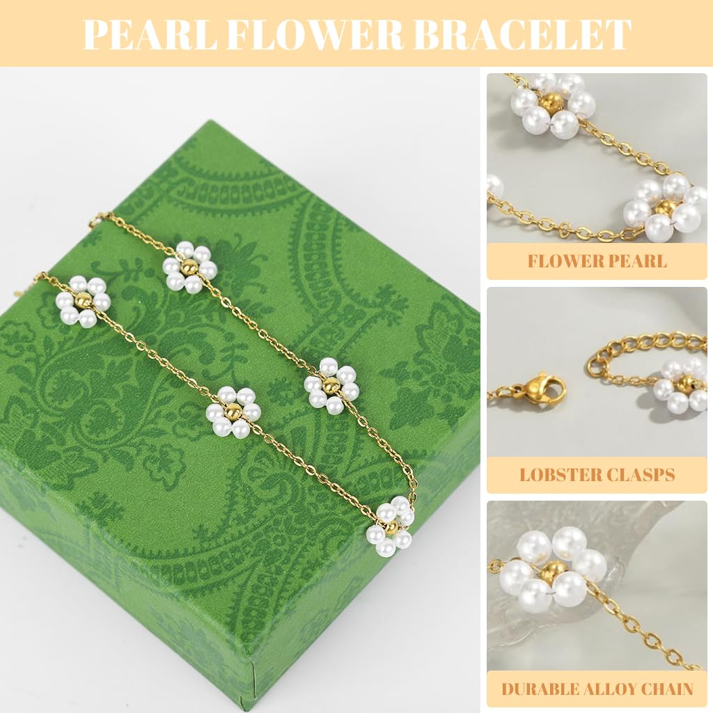 SANNIDHI Bracelets for Women featuring Pearl Daisy Flower Charm with Golden Titanium Steel | Elegant Gift for Girls and Sisters