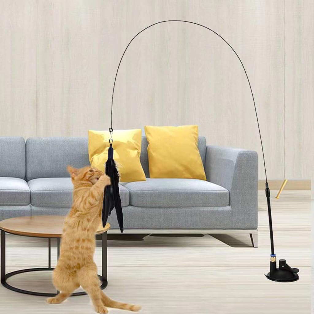 Qpets Cat Teaser Wand with Suction Cup featuring Fiberglass Rod and Feather Bell Toy for Indoor Cats 3 PCS