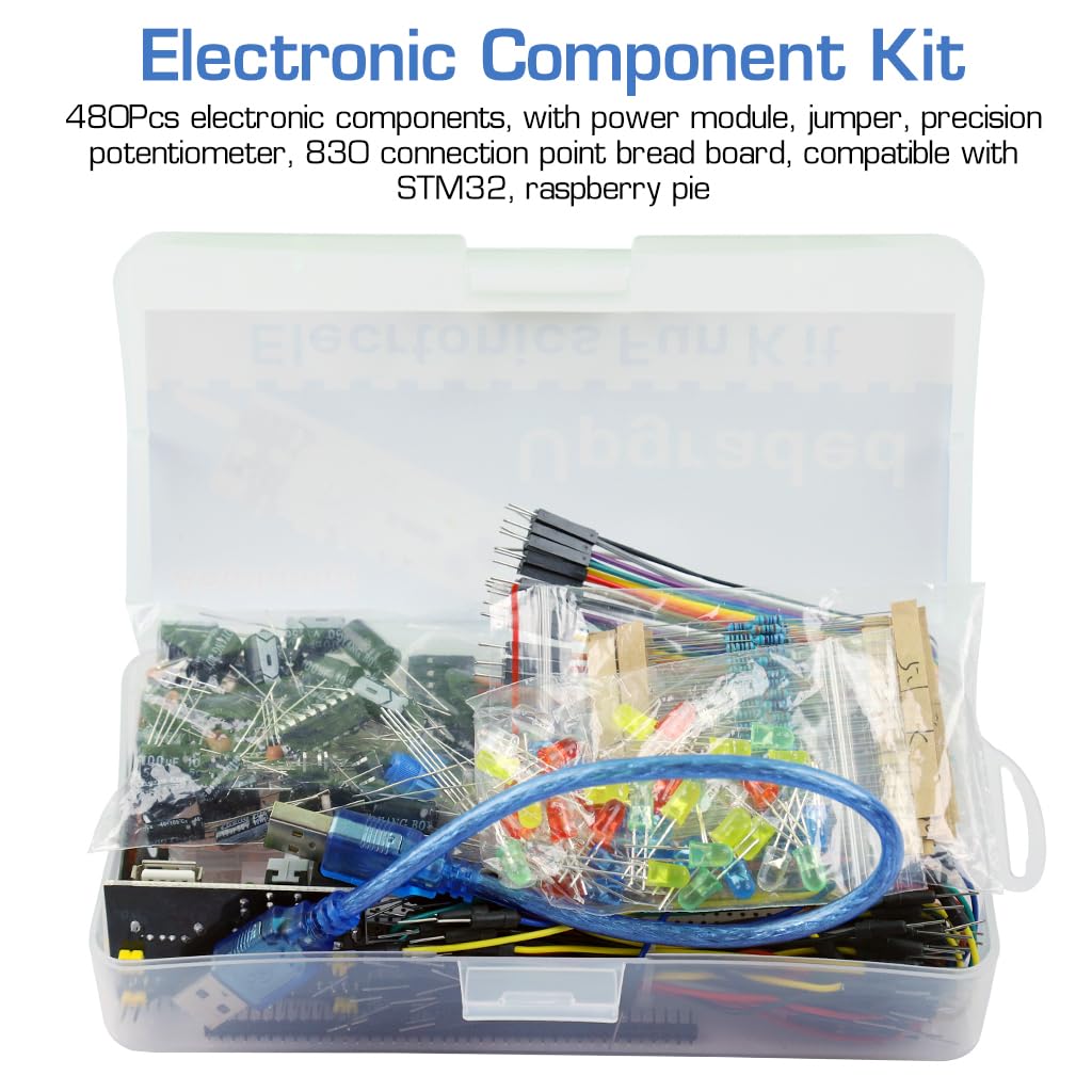 Serplex® 480Pcs Electronics Component Fun Kit with Jumper Wire, Power Supply Module, Precision Potentiometer, 830 tie-Points Breadboard Upgraded Electronics Fun Kit Compatible with STM32, Raspberry Pi