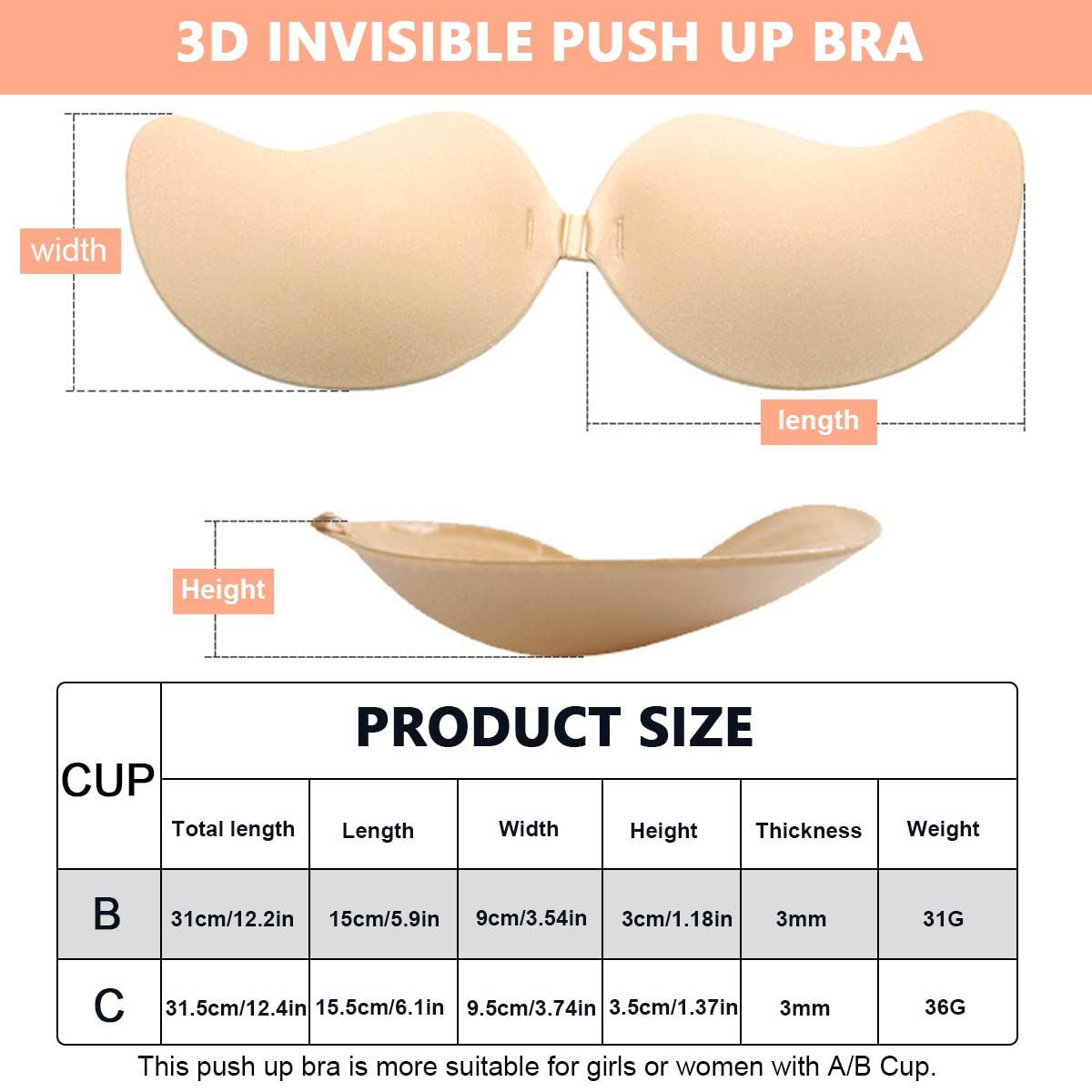 MAYCREATE® 1 Pair Silicone Wire Free Stick-On Bra Padded, Adhesive Bra Upgrad Sticky Invisible Backless Strapless Push Up Bras for Womens Sticky Bra Nipple, Apricot, B