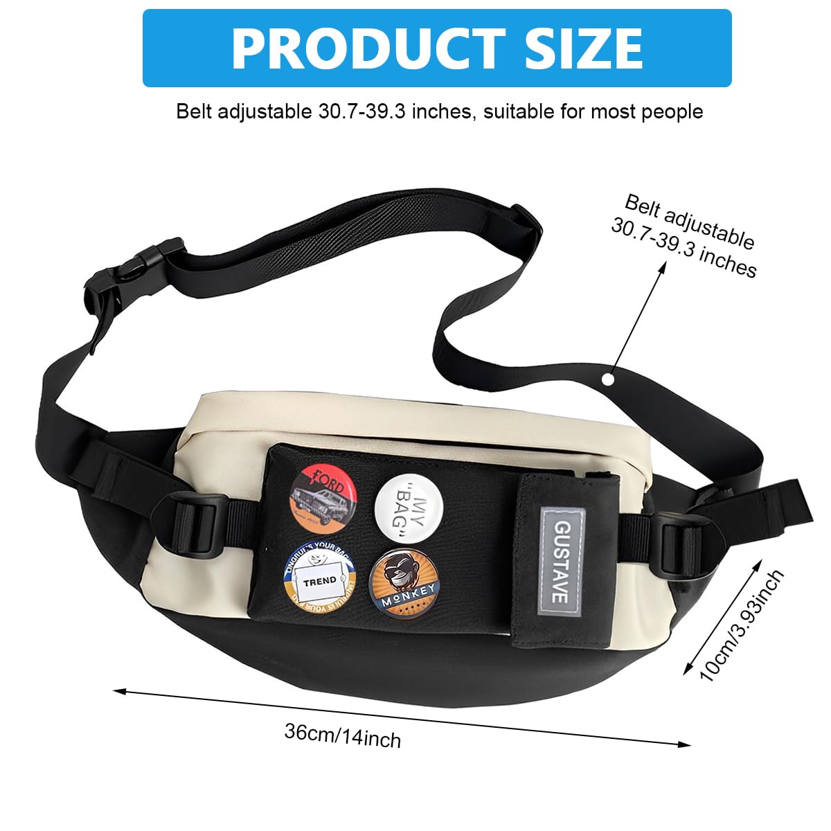 GUSTAVE Waist Bag for Hiking Travel and Running with 4 Badges | Adjustable 78–100 cm Strap