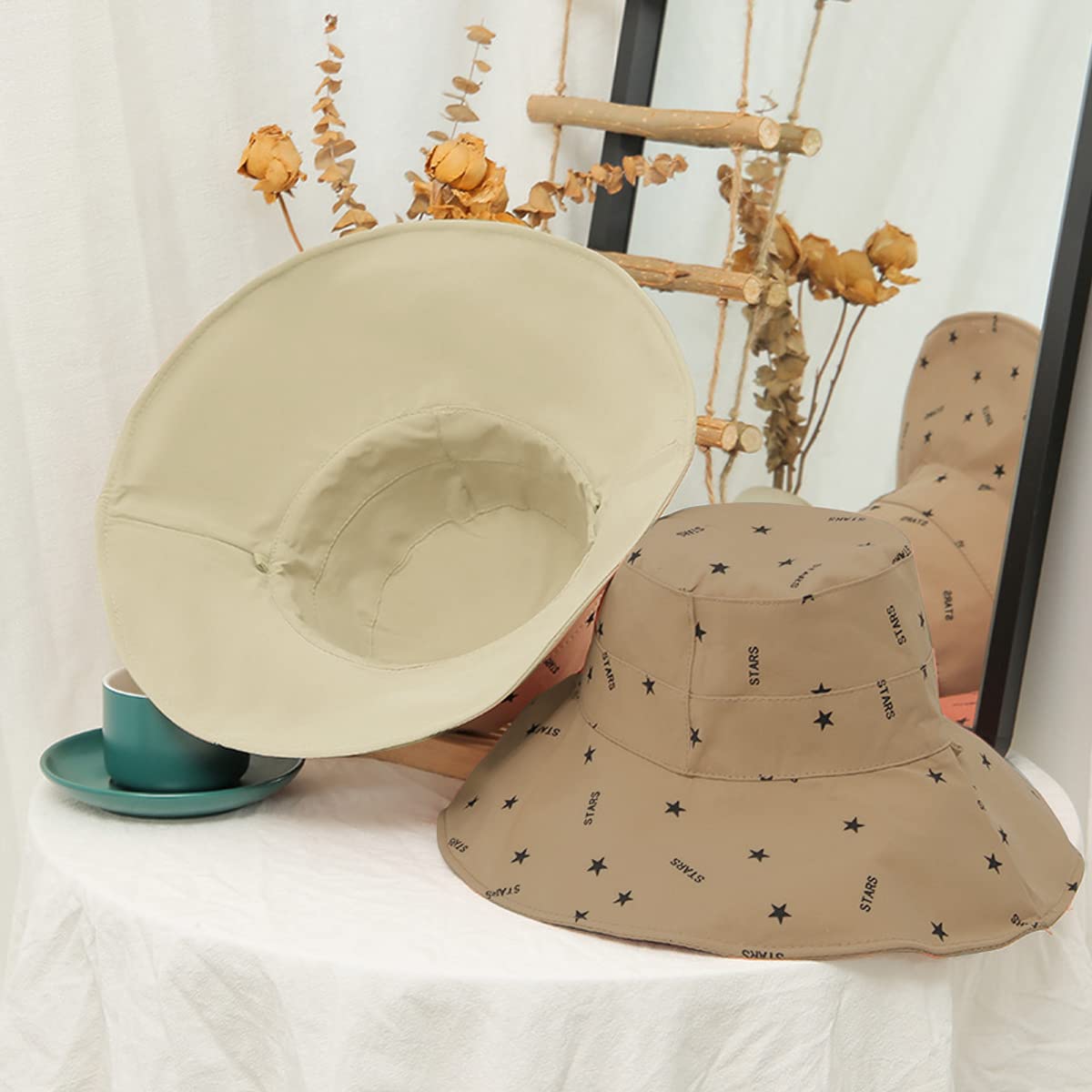 PALAY Bucket Hat for Women with Reversible Solid and Letter Print Design | 2PCS Cotton Khaki