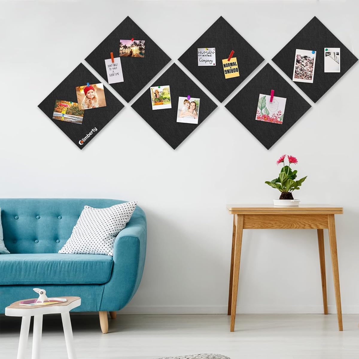 Climberty Felt Bulletin Board for Home with 6 Self Adhesive 30x30cm Panels and 50 Pins | Black