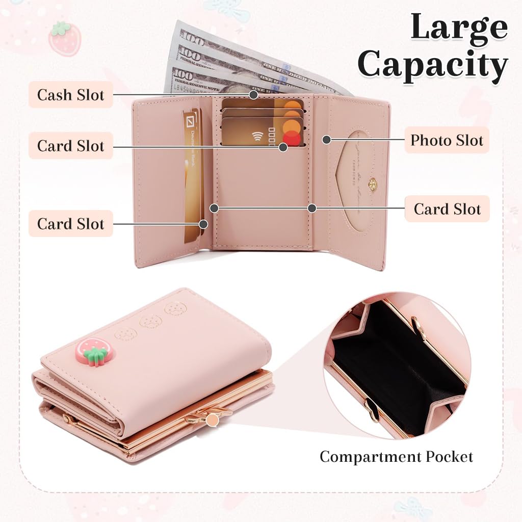 Zibuyu Card Holder Wallet for Women with Heart Photo Window 11x8 cm Pink Strawberry PU