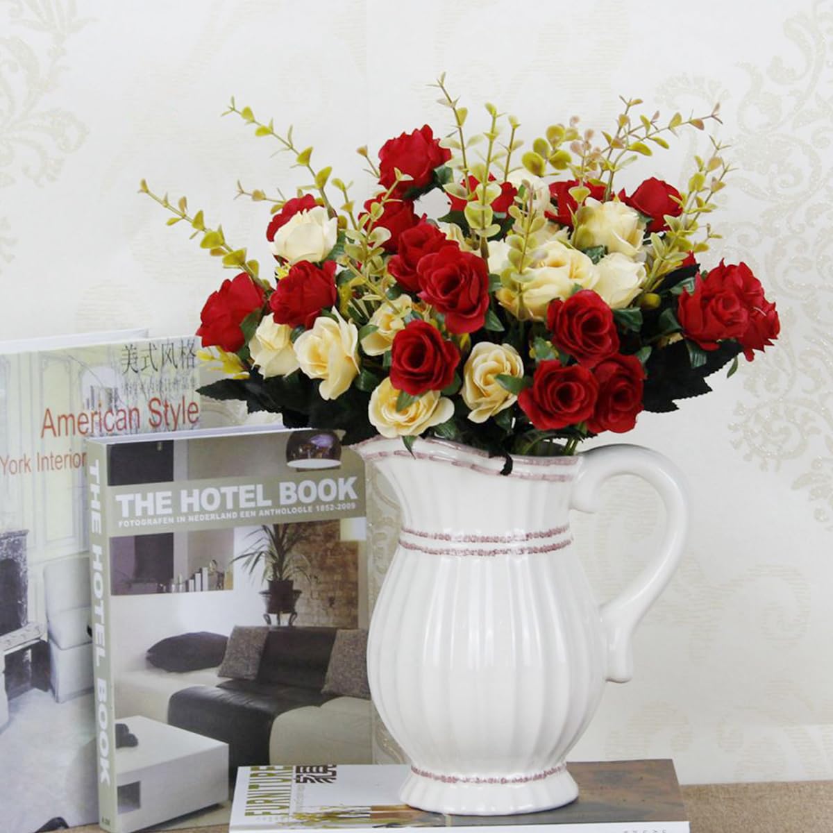 HASTHIP Artificial Rose Flowers for Home and Wedding Decor with 2 Bundles 24 Silk Roses | Red and White Room Decoration