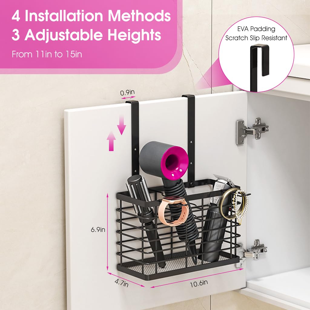 HASTHIP Hair Dryer Stand for Bathroom Organization with Screw Fixed Curved Hooks | Carbon Steel
