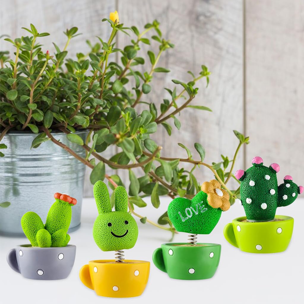 HASTHIP® 4Pcs Car Dashboard Toys Cute Cartoon Resin Car Dashboard Decoration Items Spring Swing Bunny, Heart, Cactus Plants Vibrant Car Accessories Interior Gadgets, Desk Decor, Ideal Gift