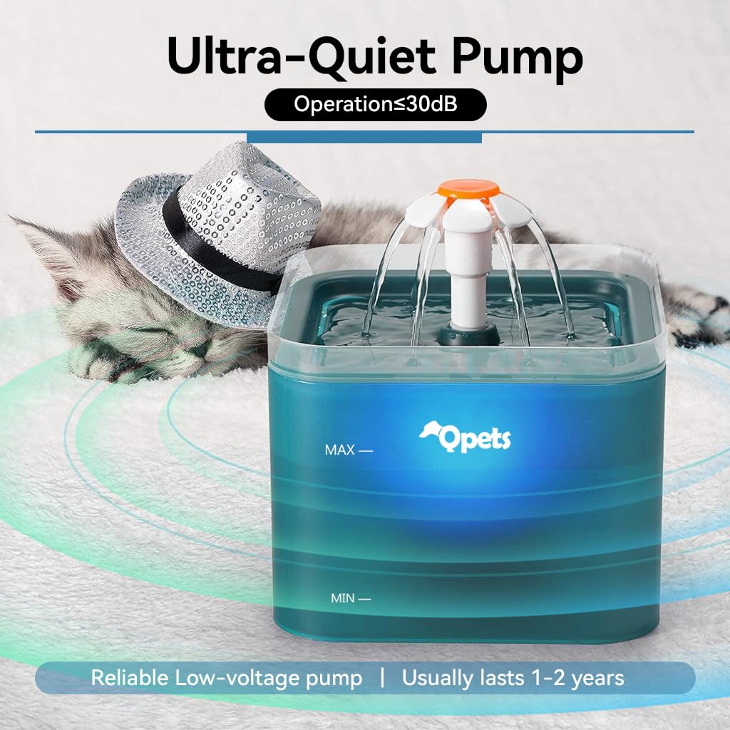 Qpets Cat Water Fountain 2.2L with LED Light and 4 Filters for Cats and Dogs | Triple Filtration System