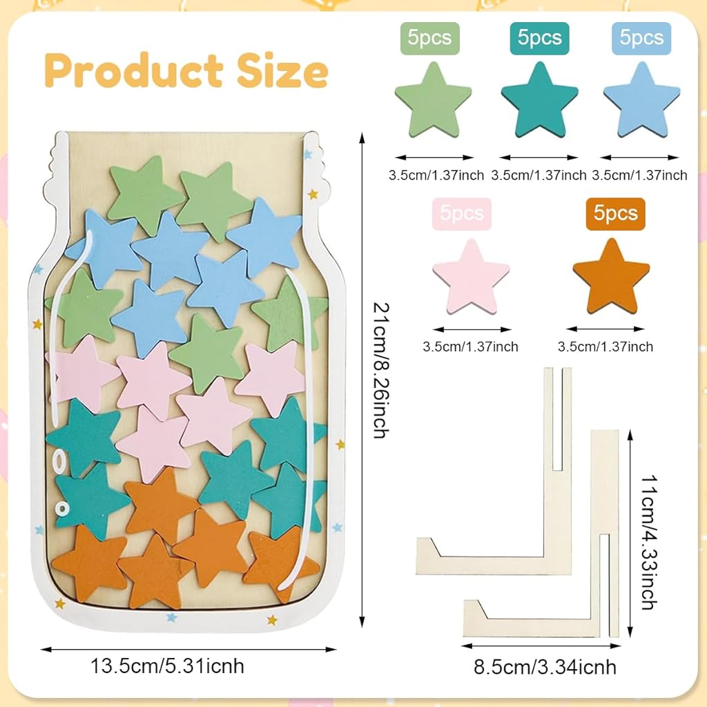 PATPAT® Star Reward Jar for Kids Wooden Reward Jar with 25Pcs Colored Reward Star-Shaped Tokens & Stand Color Star Reward Jar for Kids Reward Token Kit for Kindergarten, Home Education