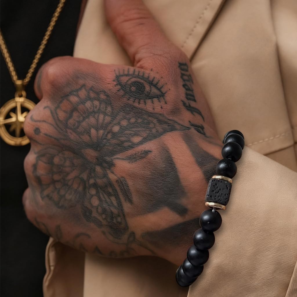 GUSTAVE Black Natural Stone Beaded Bracelet for Everyday Wear with Lava Stone Accents | Stretchy Comfort Fit and Stylish Healing Accessory