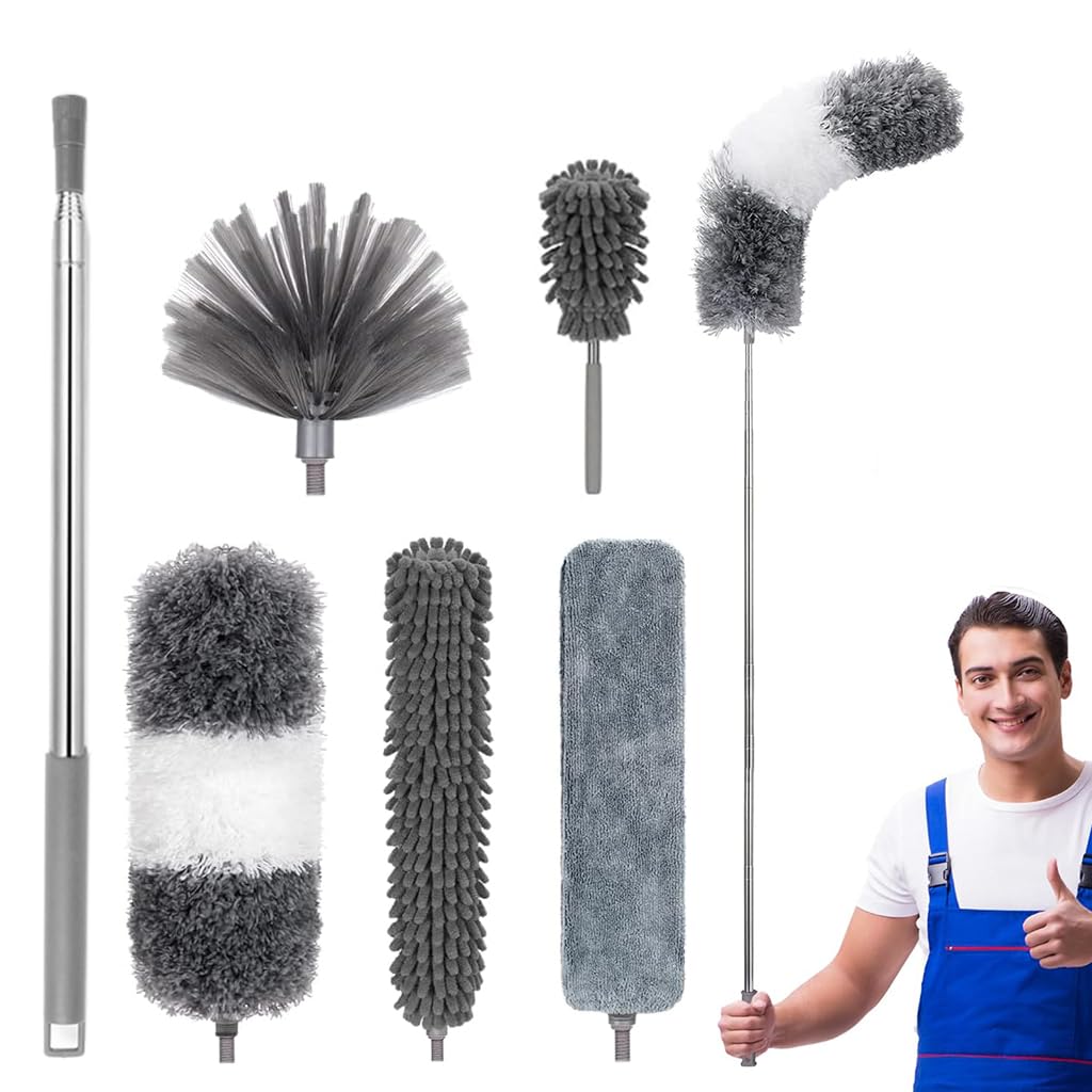 HASTHIP® Microfiber Feather Duster - 6 PCS Reusable Bendable Washable Cobweb Duster with 100 inches Extra Long Extension Pole for Cleaning Ceiling Fans, High Ceilings, Blinds, Furniture & Cars