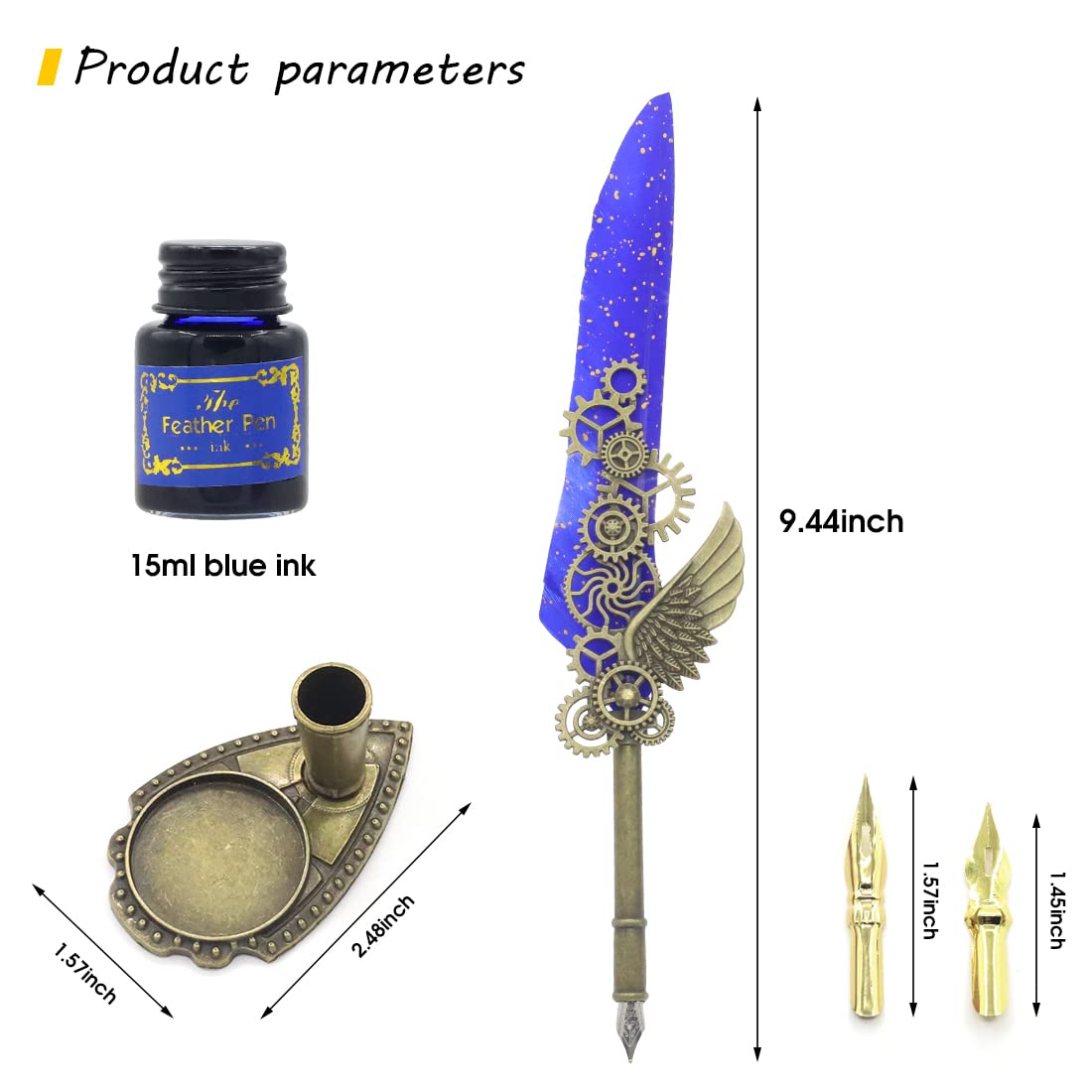 HASTHIP Feather Pen and Blue Ink Set for Calligraphy with 2 Nibs and Gear Design | Vintage Writing Gift