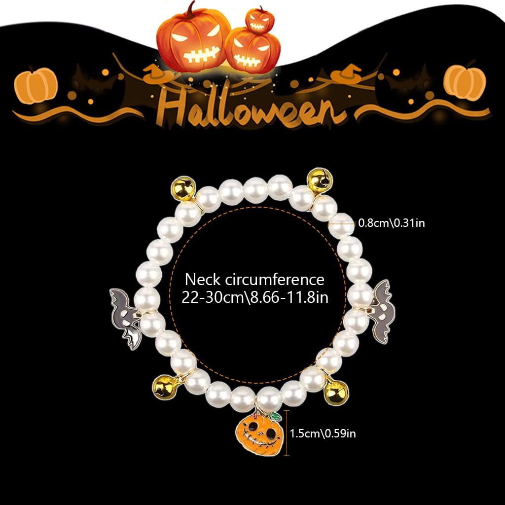 Qpets Halloween Cat Collar Necklace with Pearl Beads and Bells for Small Pets 22cm | Pumpkin Charm Design