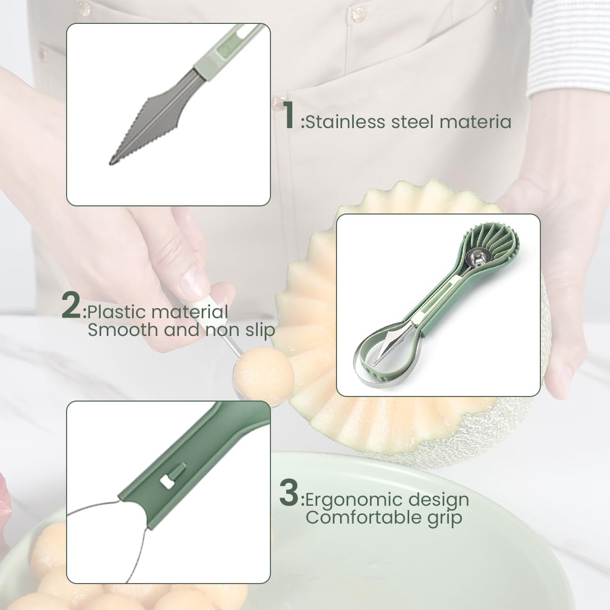 Supvox Melon Baller Scoop Set for Fruit Prep with Dual Head Design and Stainless Steel Tools