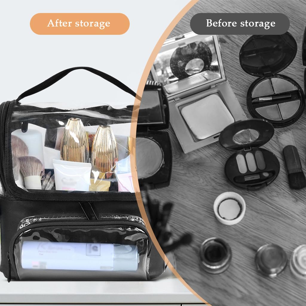 Zibuyu Clear Waterproof Makeup Organizer Bag for Travel with Adjustable Dividers 24x24x14cm | Transparent PVC Case with Handle and Shoulder Strap