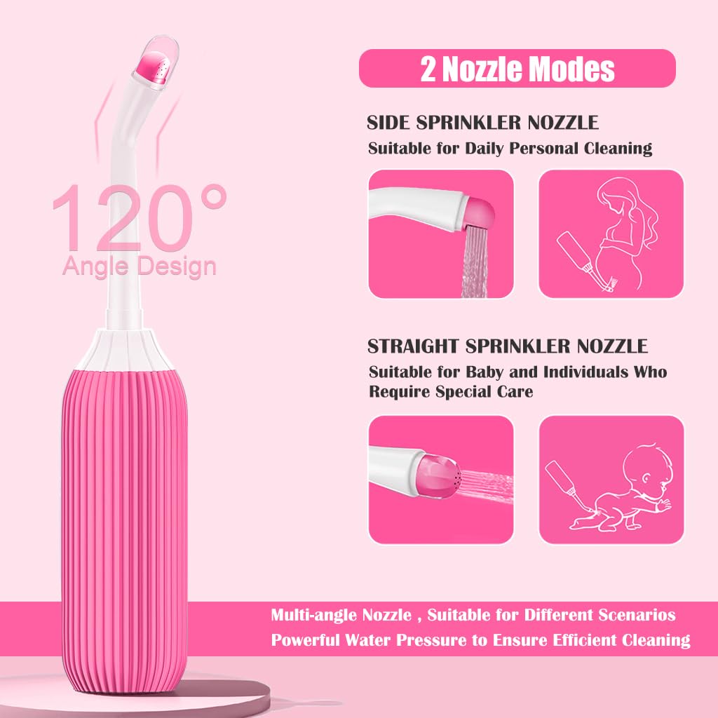 HANNEA® 2 set 500ml Portable Jet Sprays with Bag/2 Nozzles for Toilet Retractable Handheld Travel Portable Bidet, Travel Essentials, Toilet Postpartum Perineal Clean Childbirth Cleaner-(Pink+Green)