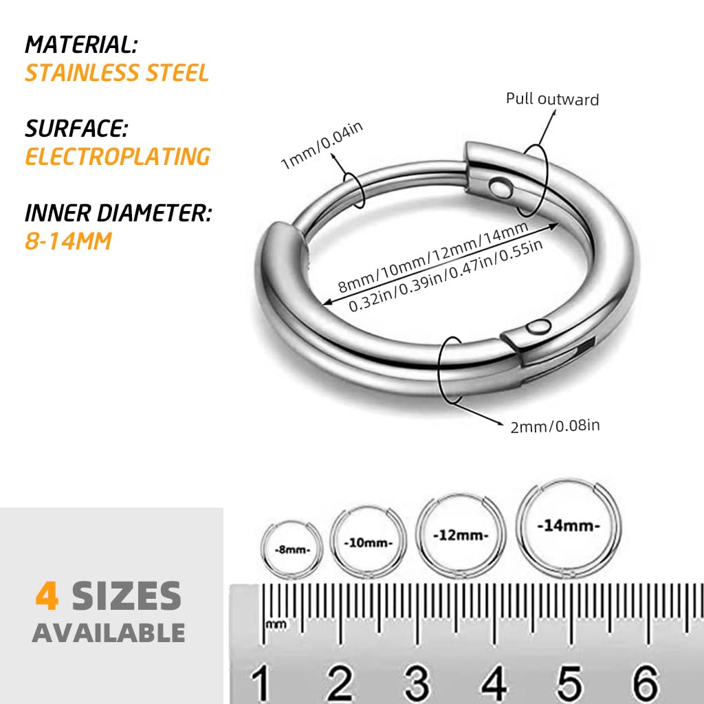 SANNIDHI 4 pairs Round Hoop Earrings 8MM/10MM/12MM/14MM Silver Hoop Earrings Surgical Stainless Steel Stylish Men Women Small Hoop Earrings