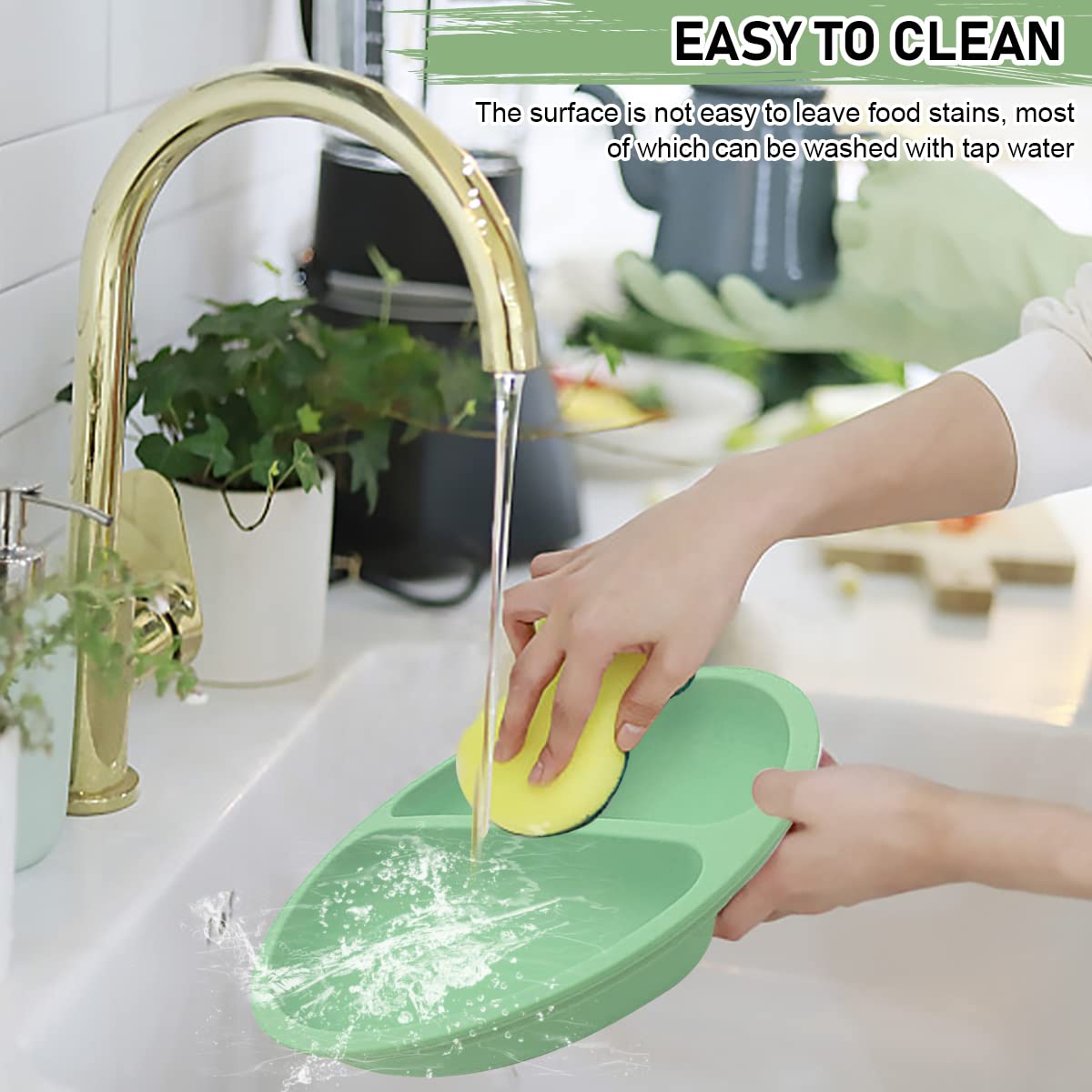 SNOWIE SOFT Baby Suction Plates for Feeding with 4 Strong Cups Silicone Green 2PCS