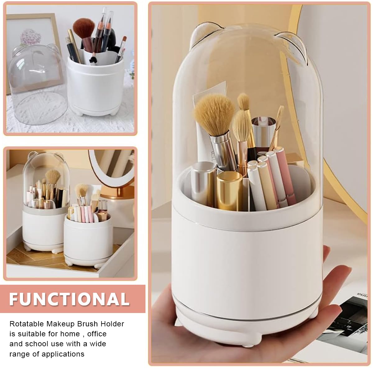 MAYCREATE Makeup Brush Holder Organizer for Vanity with 5 Compartments and 360° Rotating Clear Lid | Dustproof Plastic Storage Stand