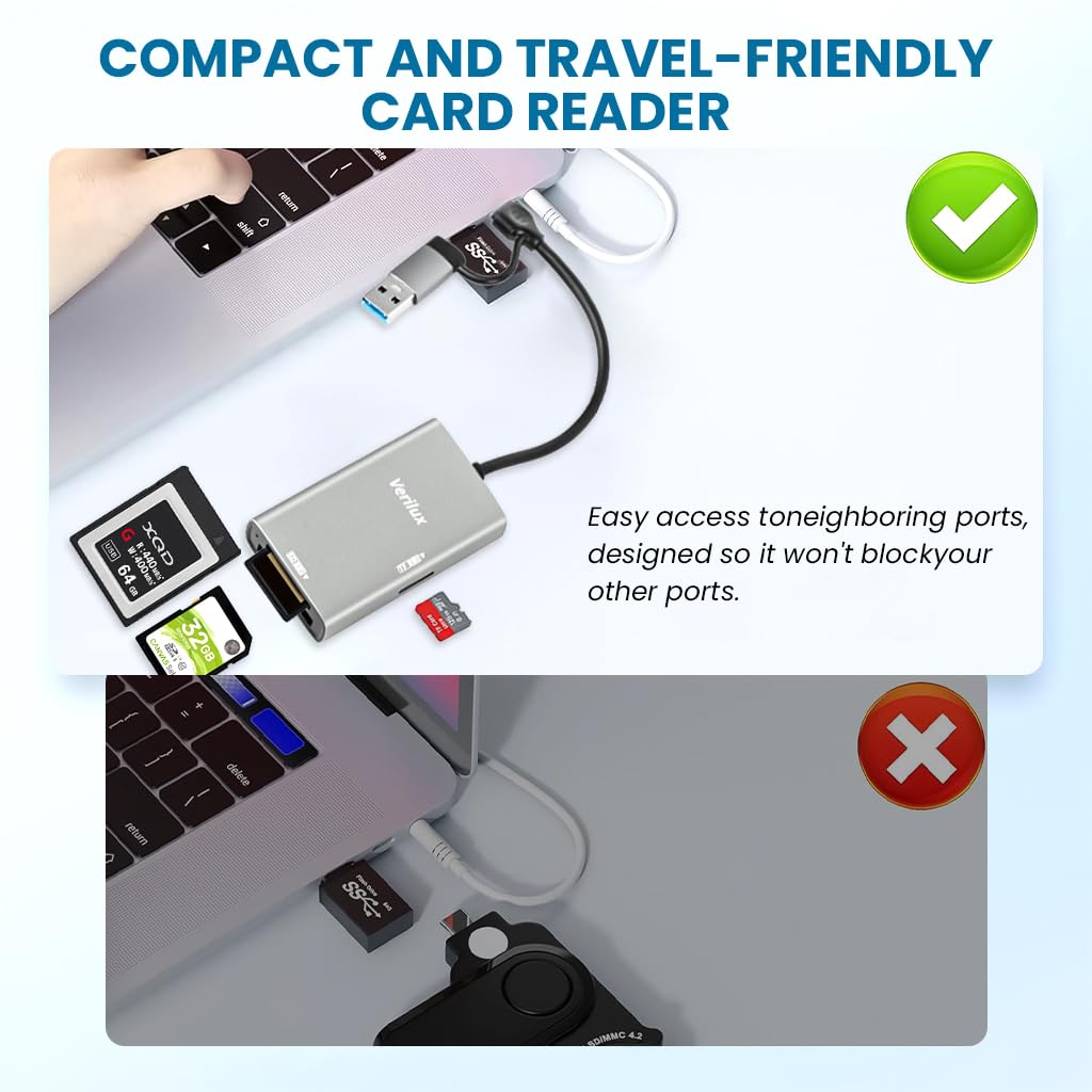 Verilux SD Card Reader for Fast Photo and Video Transfer with Dual USB-C and USB-A | 10Gbps Plug and Play Access for Laptops and Smartphones