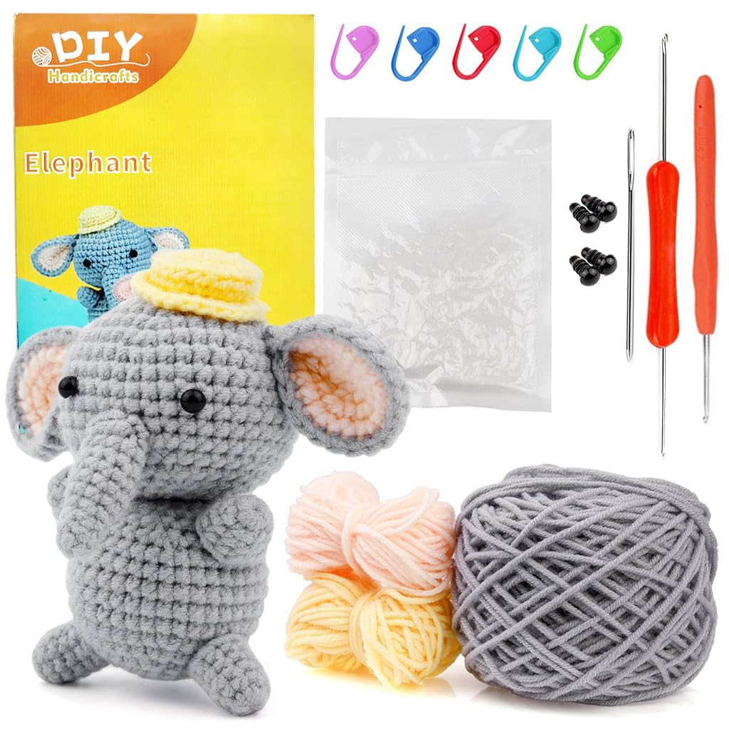 PATPAT® Crochet Stuffed Animal Kit Crochet Kit for Beginners DIY Knitting Kit Full Set Crochet Starter Kit with Yarn, Polyester Fiber, Crochet Hooks, Tutorial Video, Kids Christmas Gifts (Elephant)