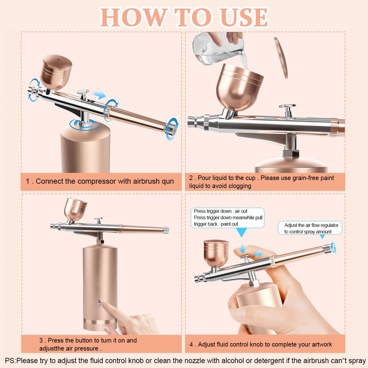 HANNEA Airbrush Kit for Makeup Painting and Cake Decor with 48PSI 0.3mm Nozzle | Rechargeable Cordless Gold Model