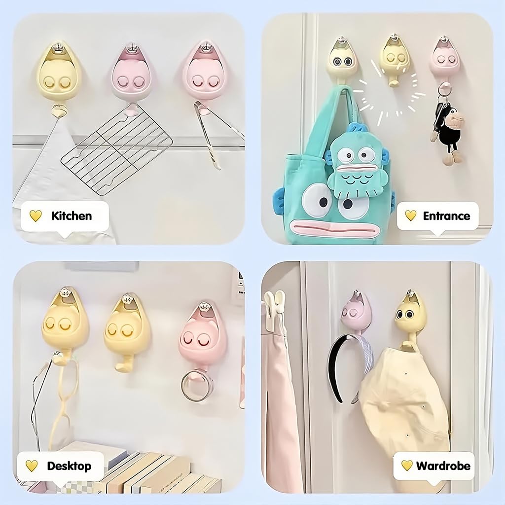 HASTHIP Cartoon Wall Hooks for Entryway and Bathroom with Blinking Eyes Design | 2Pcs No‑Drill Dual Color Hangers