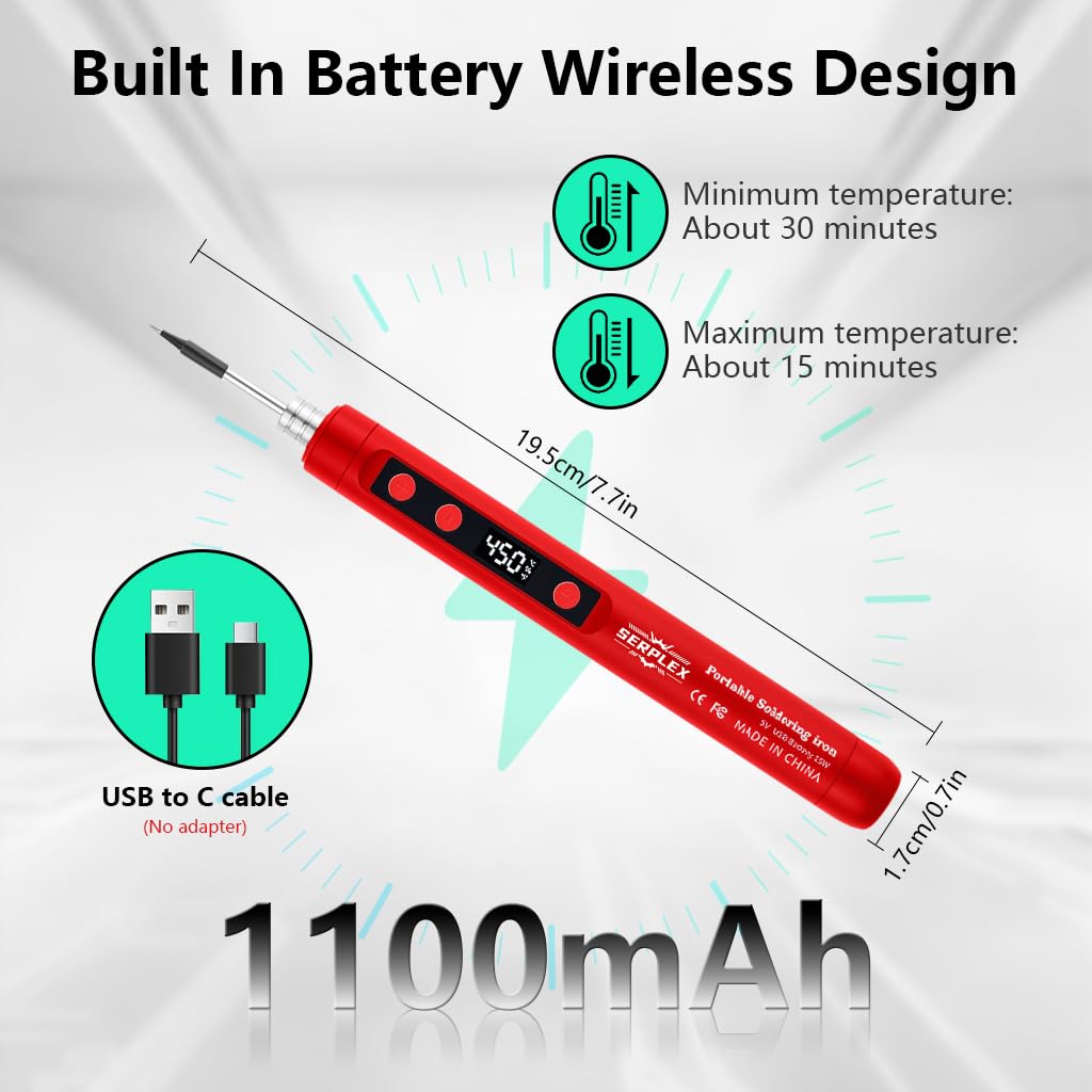 Serplex Soldering Iron Kit for Electronics with 15W Power and Ceramic Heater | USB Rechargeable