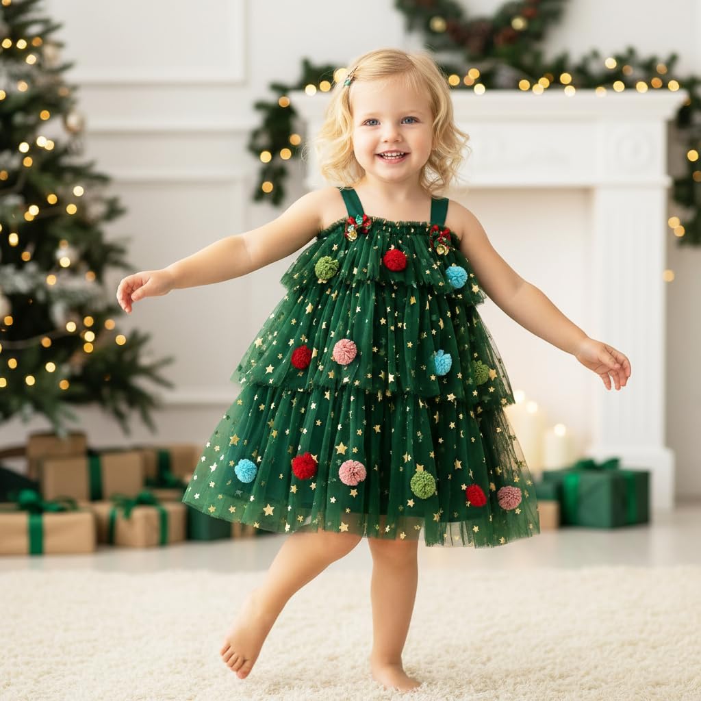 PATPAT Toddler Girls Christmas Party Dress with Tulle Layers and Gold Stars | Green 3-4 Years