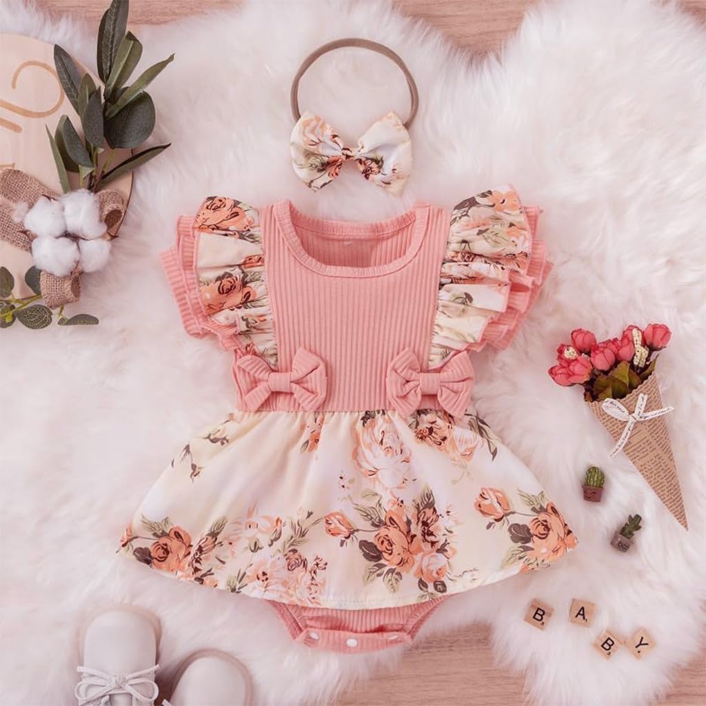 ZIBUYU New Born Baby Dress with Bow Headband featuring Snap Closure and Soft Cotton | 0–3 Months Girl Outfit