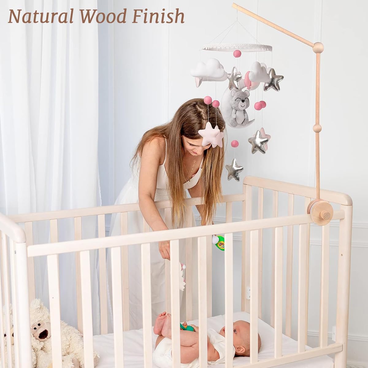 SNOWIE SOFT Wooden Crib Mobile Arm with 360° Rotatable Holder and Screw-Fix Base | Natural Wood Finish for Nursery