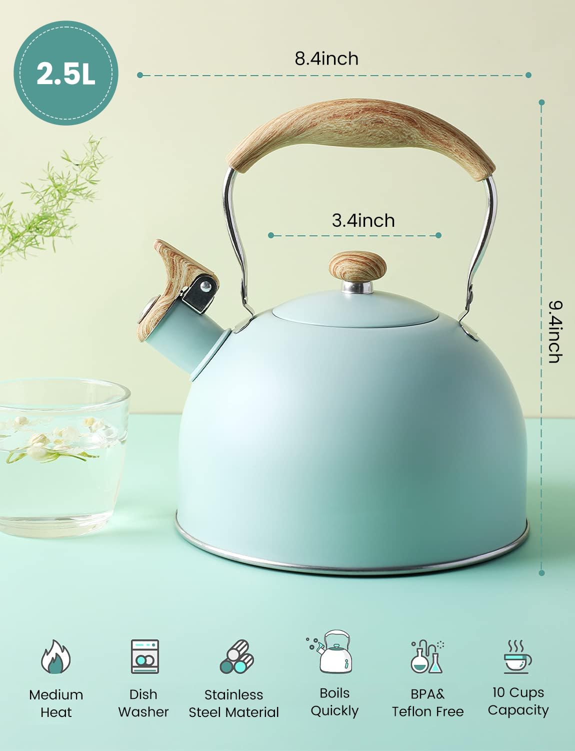 Supvox Tea Kettle for Gas Stove and Induction 2.5L with High Pitch Whistle and Anti Scald Handle | Stainless Steel Camping Tea Pot