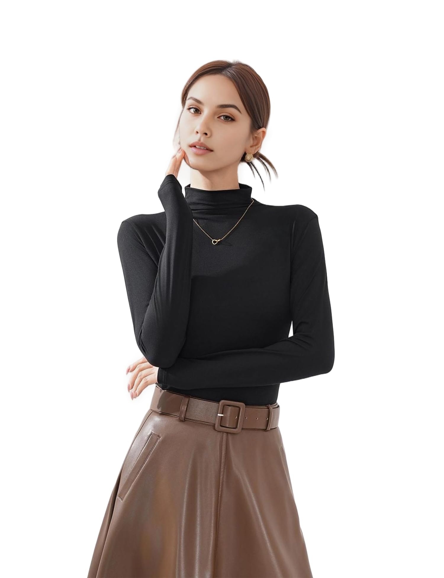 Venzina Women’s Long Sleeve Mock Neck Top for Layering with Soft Stretch Fabric | Black XL