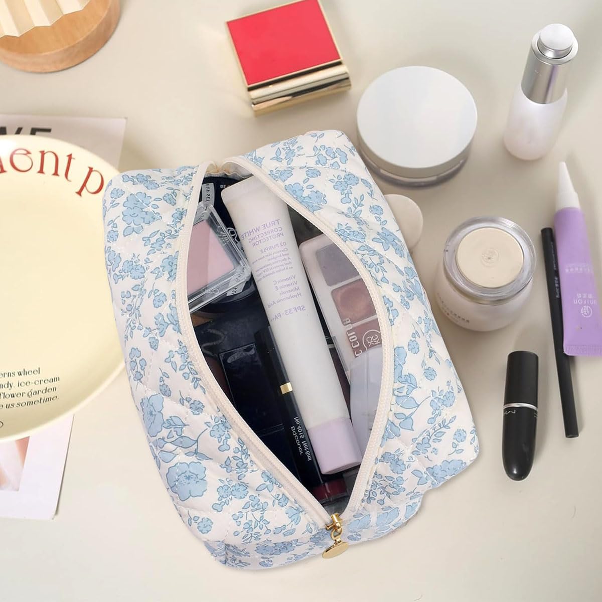 MAYCREATE Makeup Bag for Travel and Daily Use with Soft Zipper Blue Floral Design 20.5x9x9.5cm | 2 Pcs