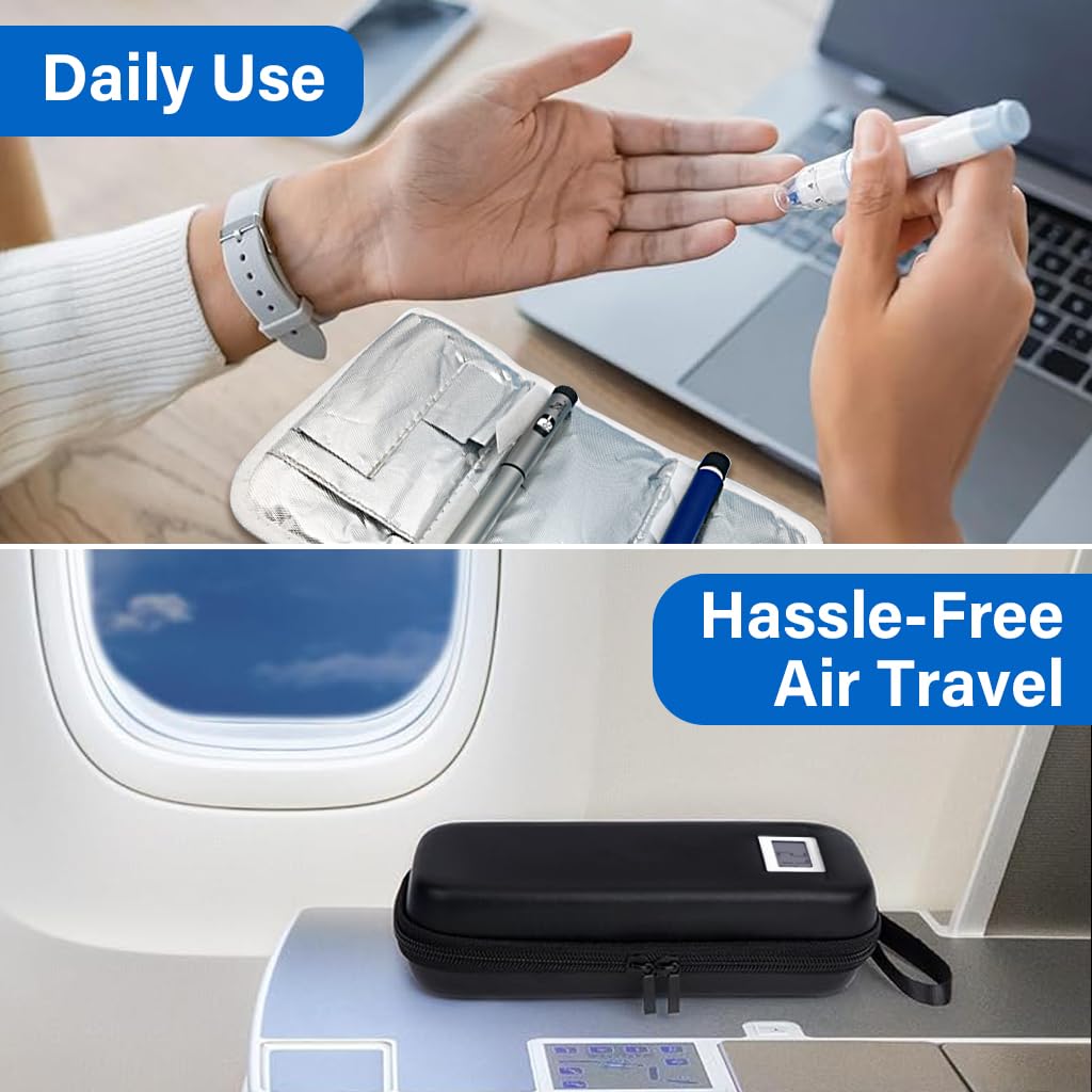 HANNEA Insulin Cooler Travel Case with Temperature Display and 2 Ice Packs for 4–6 Hours | Hard EVA Medicine Storage Box 10x21x6cm