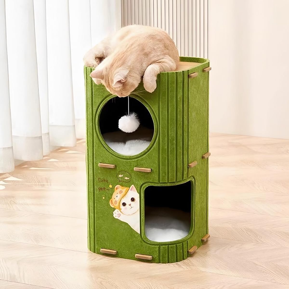 Qpets Cat Hideout for Indoor Cats with Dual Entrances and Hanging Toy | 2-Story Felt House