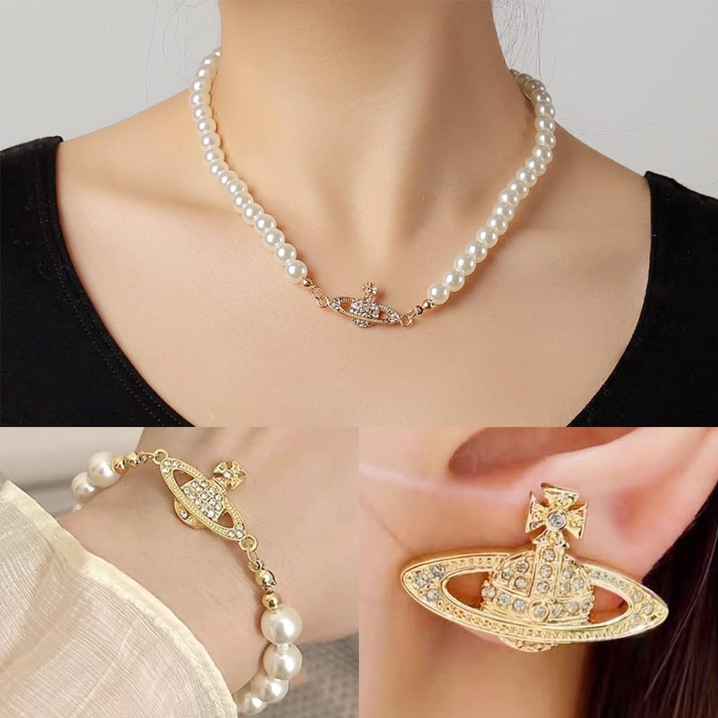 SANNIDHI Pearl Necklace Jewellery Set for Women with Rhinestone Charm | 4pcs Gift