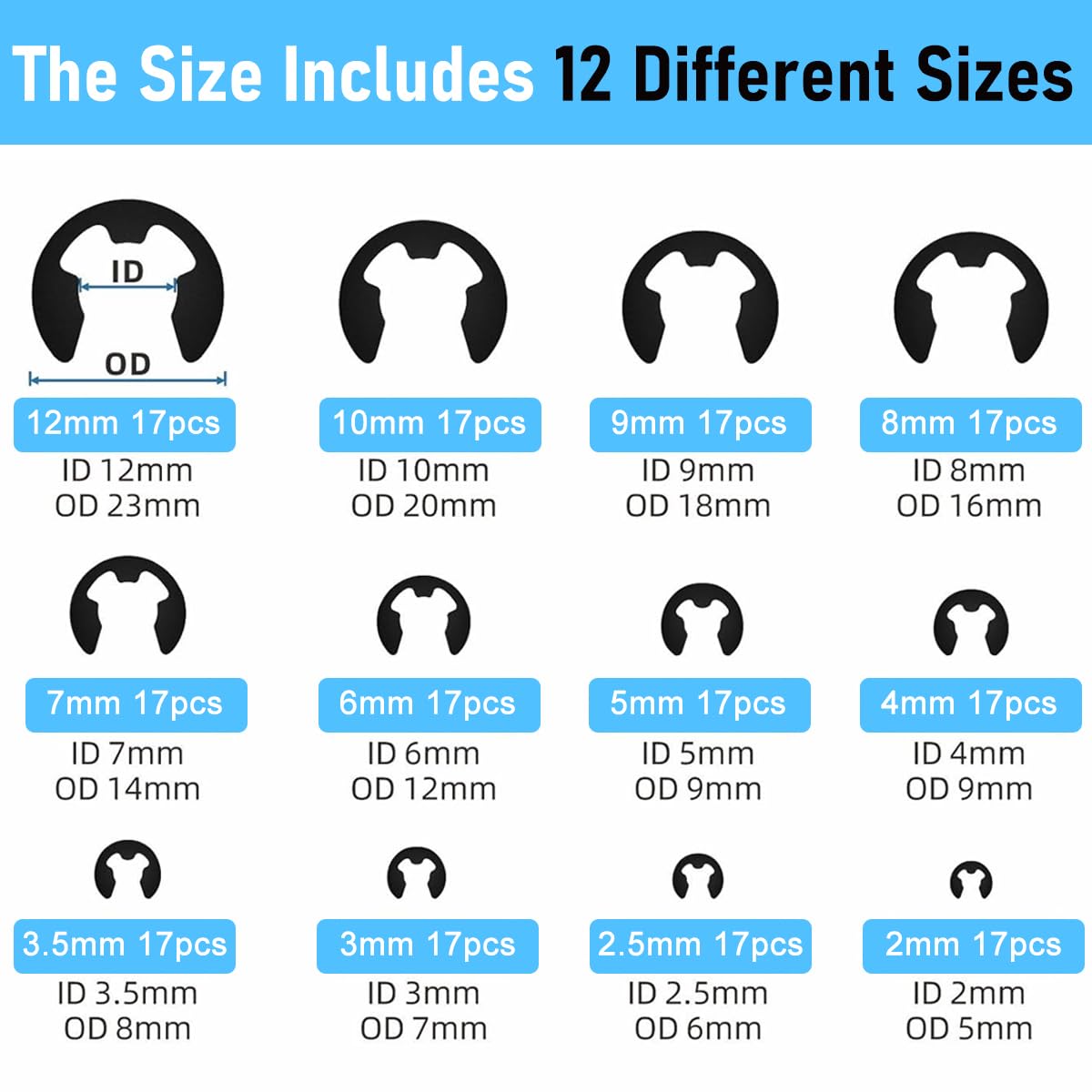 Serplex Circlips Set for Mechanical Repairs with 324 pcs 24 Sizes Carbon Steel | Organized Storage Box