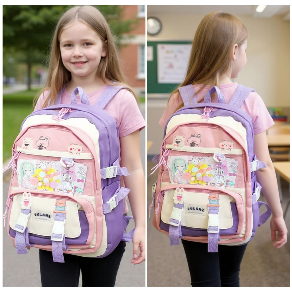 Zibuyu Backpack for School and Travel with Waterproof Nylon Fabric | Cute Purple Design for Girls