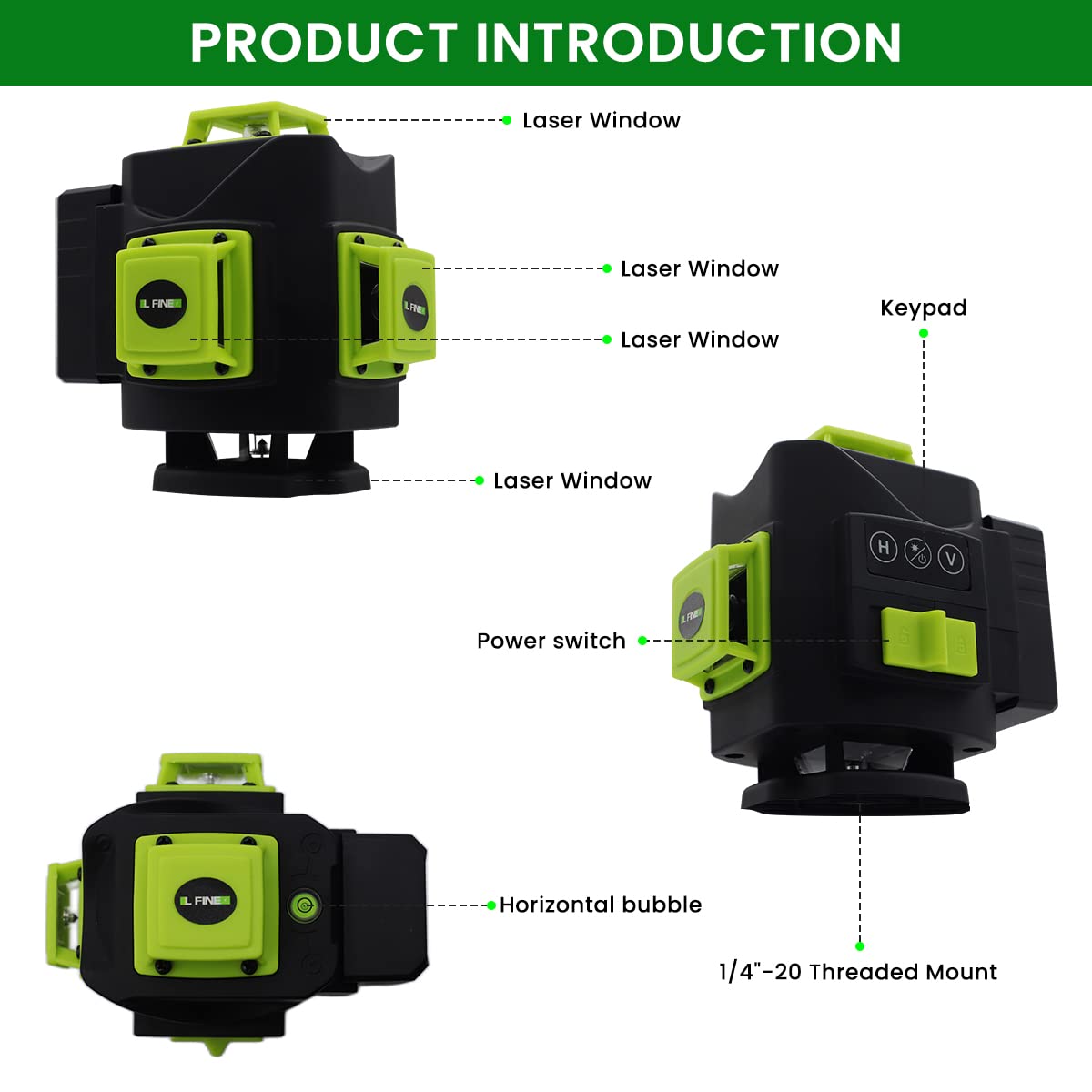Serplex Laser Level for Indoor and Outdoor Leveling with 16 Lines 4D Green Beam | Self Leveling and Rechargeable