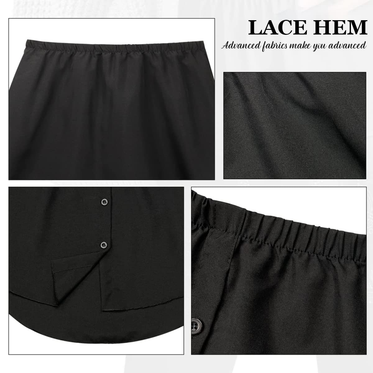 GUSTAVE Shirt Extender for Women with Elastic Waist and Short Front Long Back | 2Pcs Size L Black and White, Waist 80cm Length 39cm