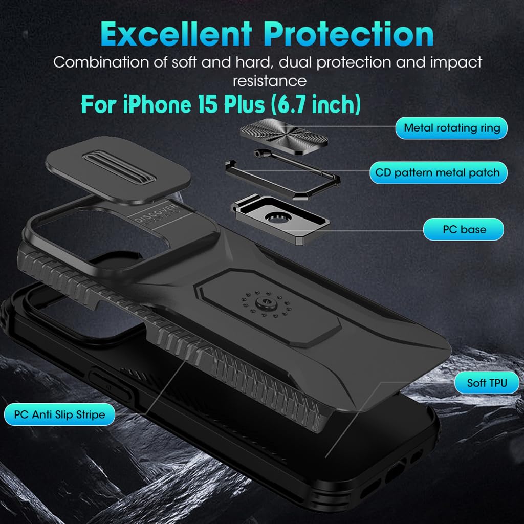 ZORBES Case for iPhone 15 Plus 6.7 inch with Kickstand and Slide Lens Cover | Shockproof Silicone Edge Protection
