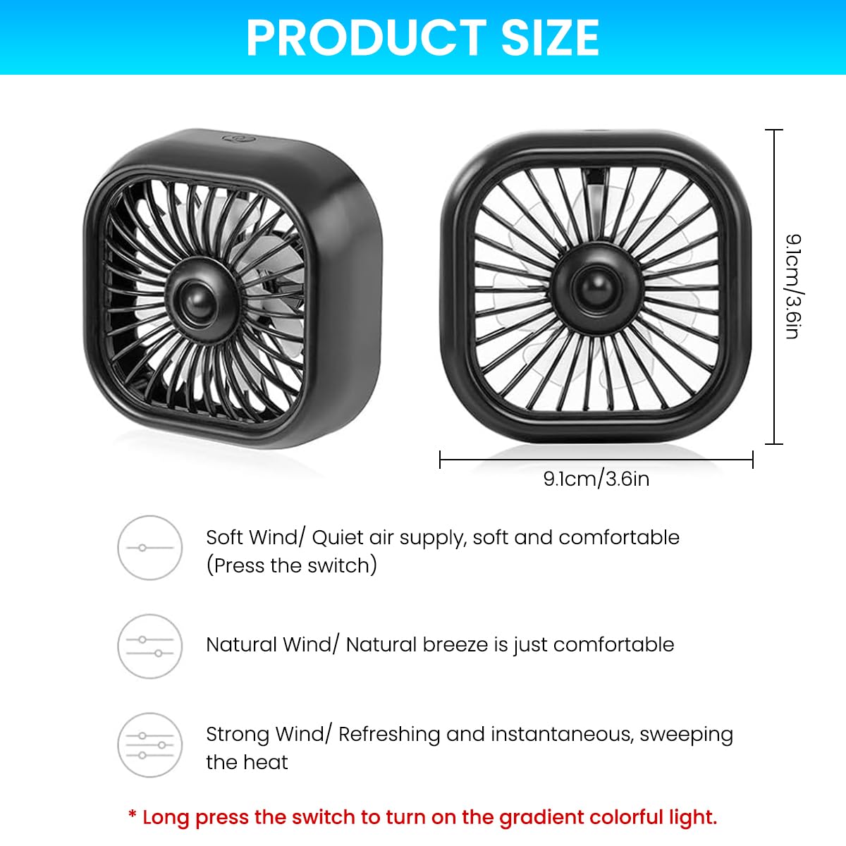 STHIRA USB Car Fan for Air Vent with 3 Speed Adjustable Cooling and LED | 9.3x7.9cm 2PCS