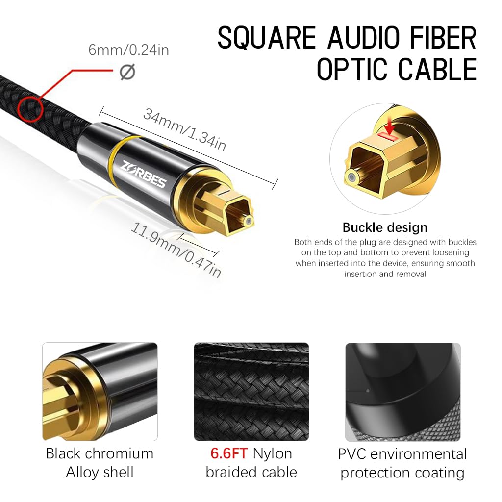 ZORBES® 6.6FT Optical Audio Cable, Braided Optical Audio Cable, Gold-Plated Pin Digital Audio Fiber Optic Cable Toslink, Compatible with Sound Bar, Home Theater, TV, PS