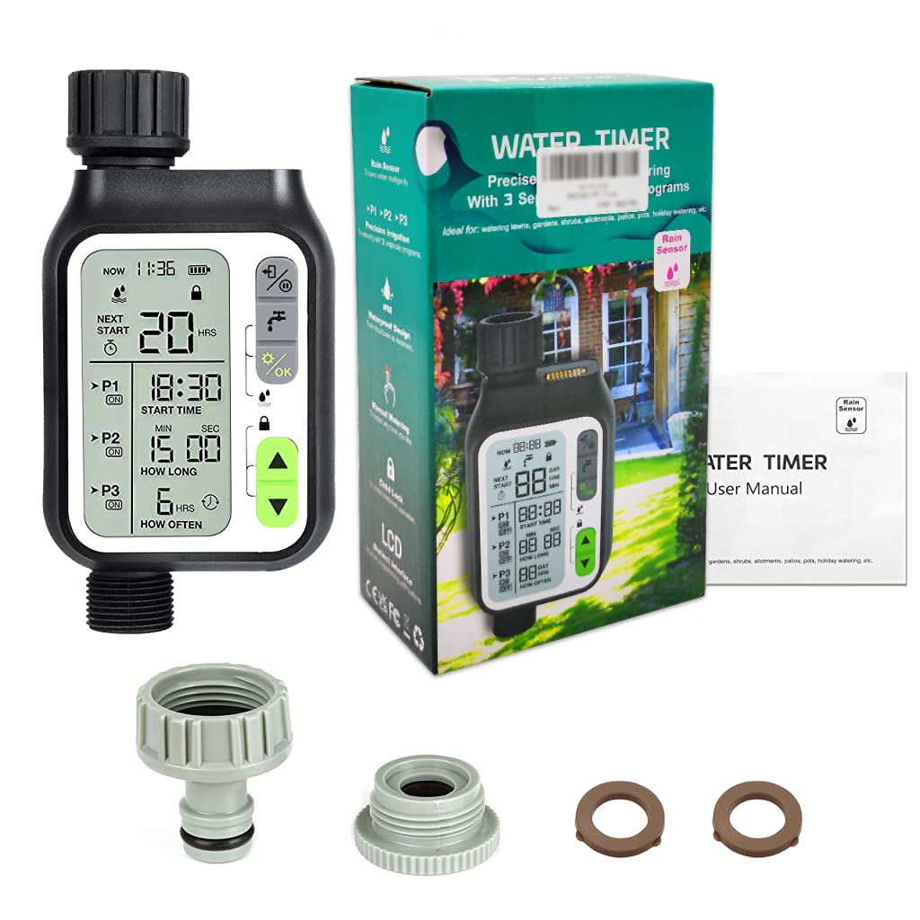 HASTHIP Drip Irrigation Timer for Garden Farm, Irrigation Water Timer with Rainy Sensor + Multi Programs Automatic Watering System, Waterproof Digital Irrigation Timer System for Lawns