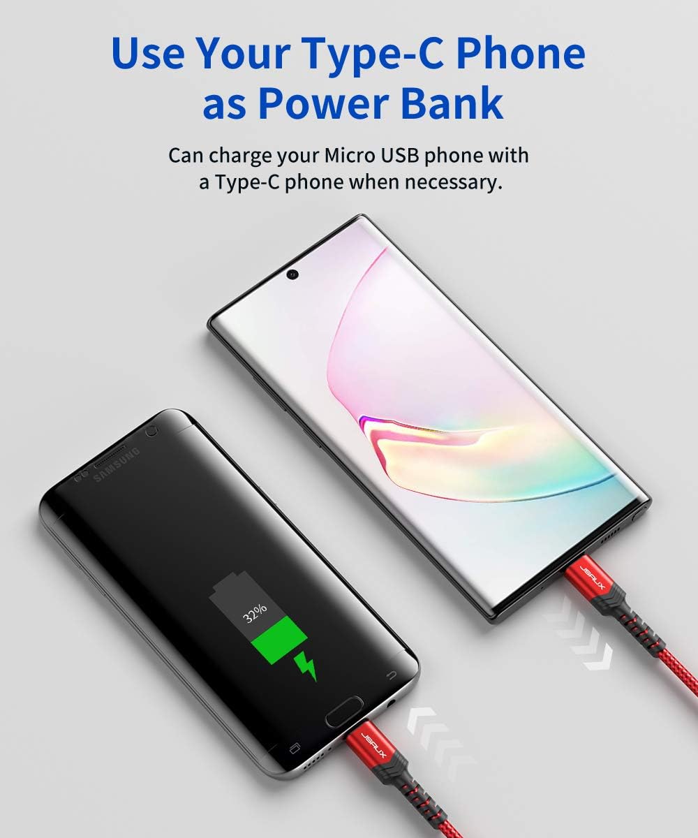 JSAUX Type C to Micro USB Cable for Charging and Data Sync 6.6 ft with Nylon Braided Design | Red